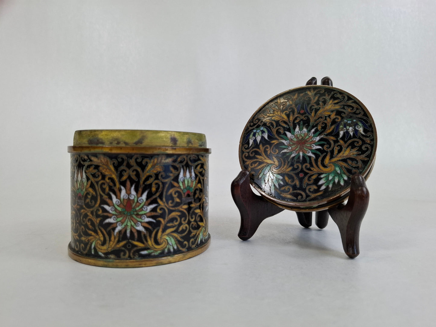 Antique Chinese cloisonne lidded box decorated with flowers