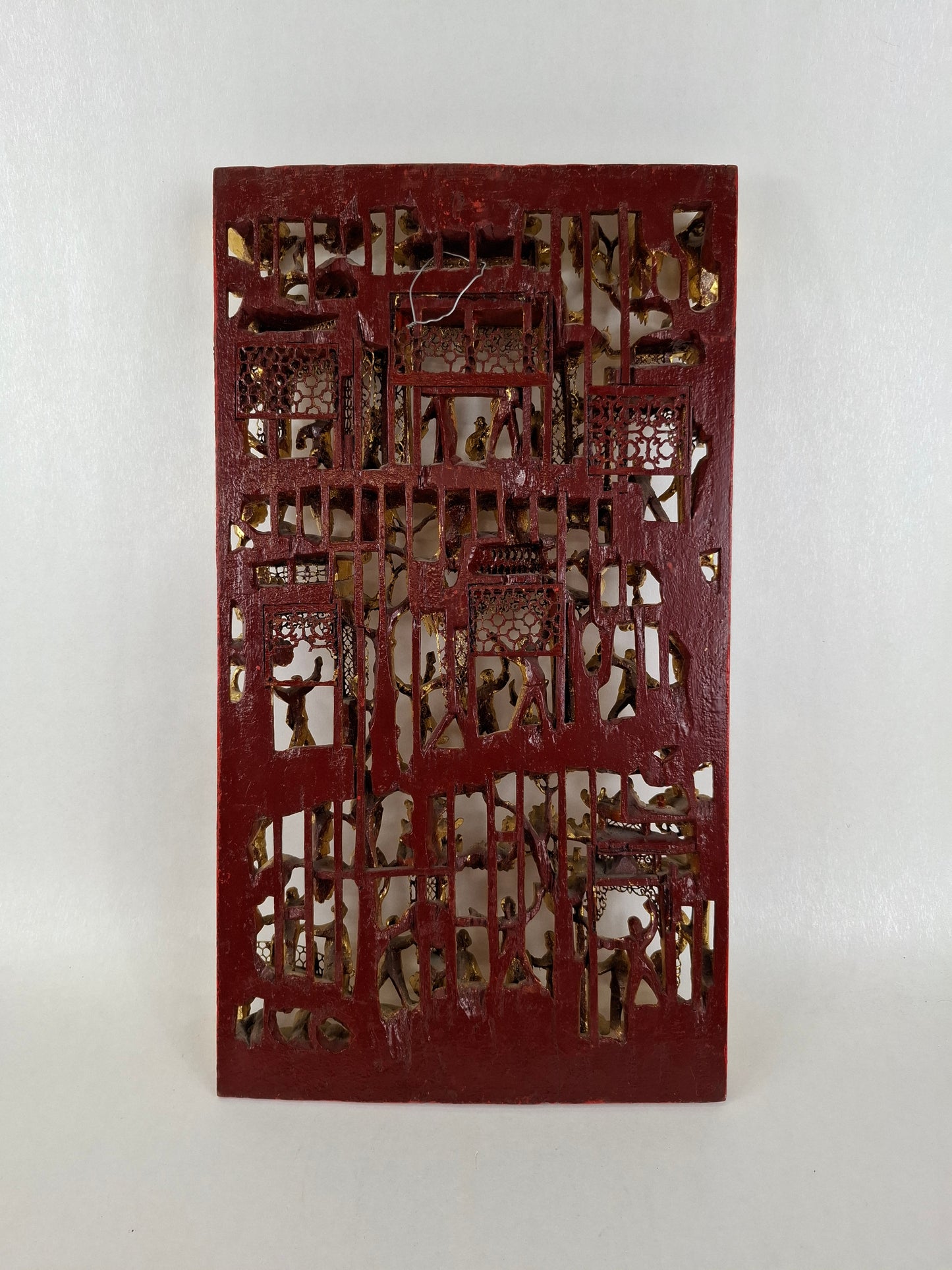 Antique Chinese wood carving panel with a festive scene // Republic Period (1912-1949)