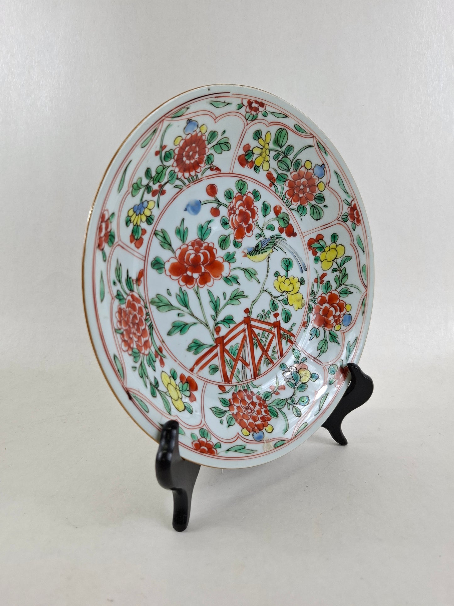 Antique Chinese famille verte plate decorated with bird and flowers // Qing Dynasty - Kangxi - 18th century