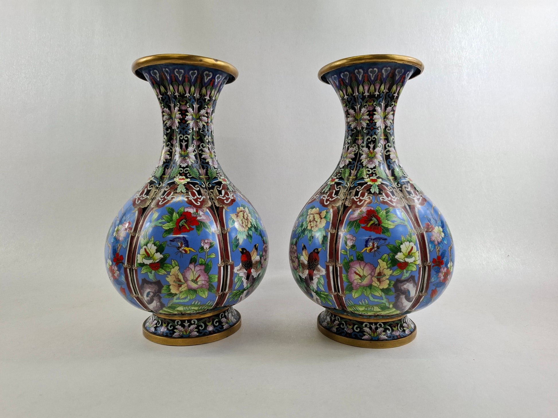 pair Chinese loisonne vases with blue enamel, detailed flower patterns and birds, handmade in traditional style
