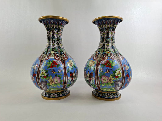 pair Chinese loisonne vases with blue enamel, detailed flower patterns and birds, handmade in traditional style
