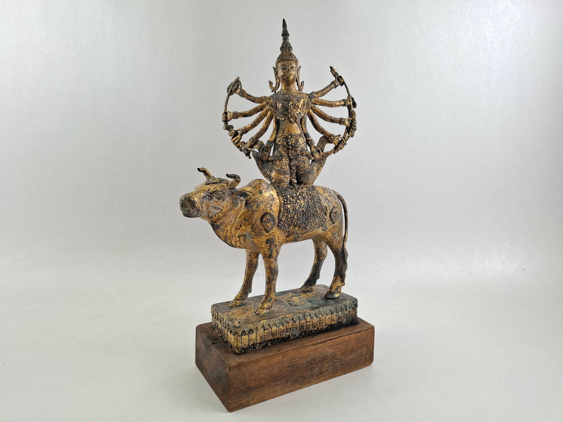 Mid century handmade Thai bronze statue of shiva riding the bull nandi
