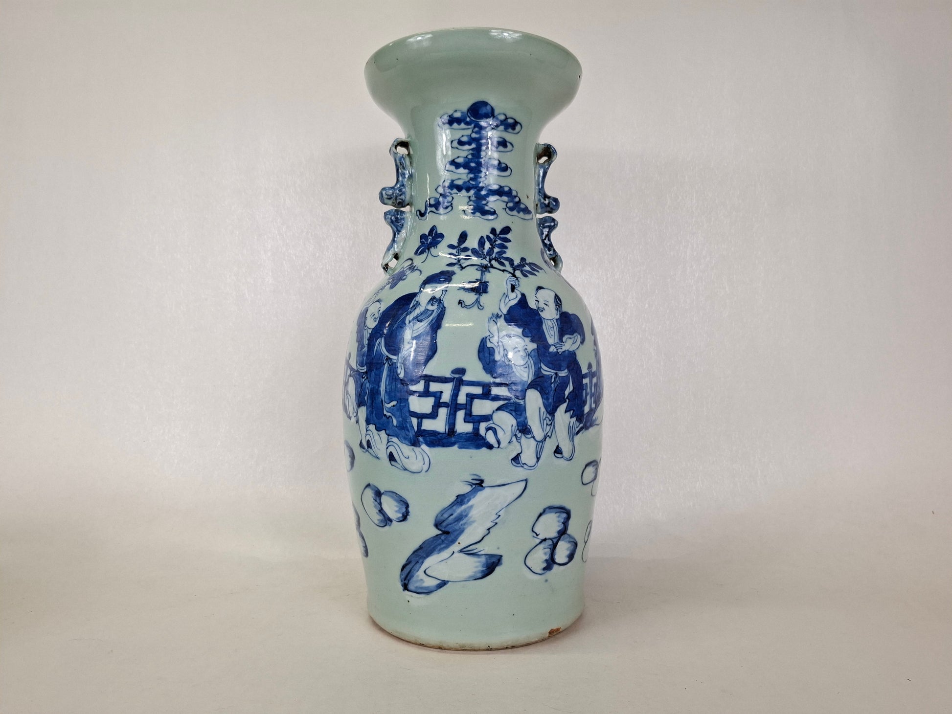 Antique 19th century hand painted Chinese celadon blue vase with sage and children