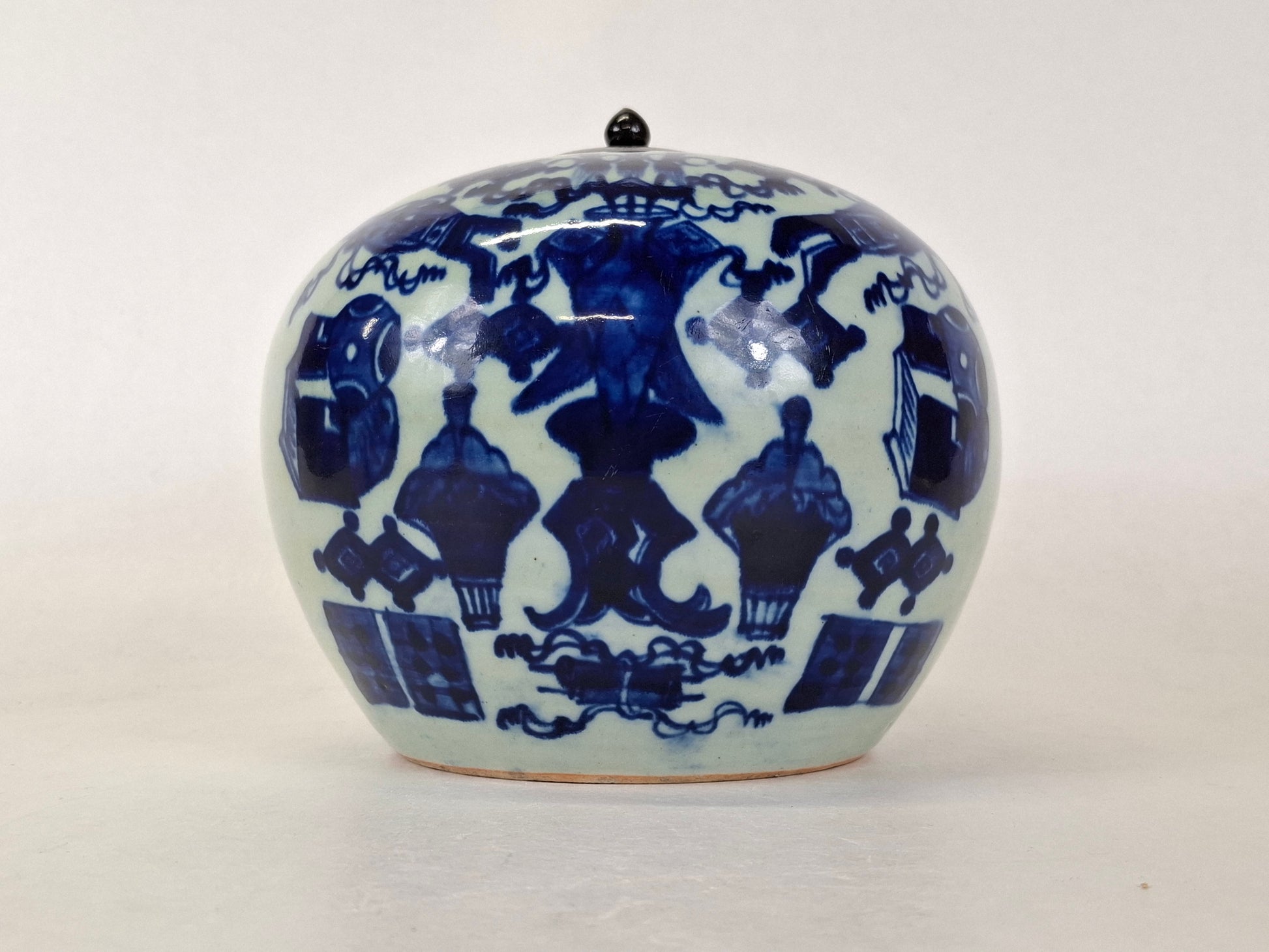 antique 19th century Chinese cobalt blue celadon ginger jar decorated with antique trasures