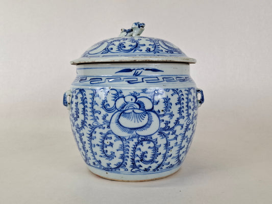 antique 19th century hand painted blue and white Chinese flower jar with foo dog handle