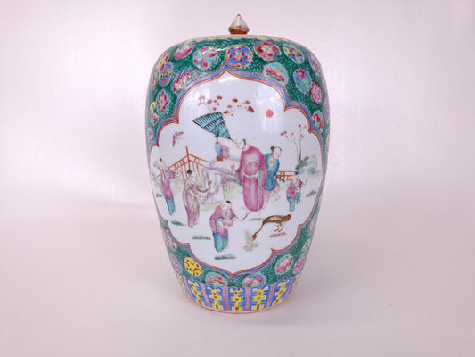 Antique Chinese peranakan ginger jar decorated with garden scene 