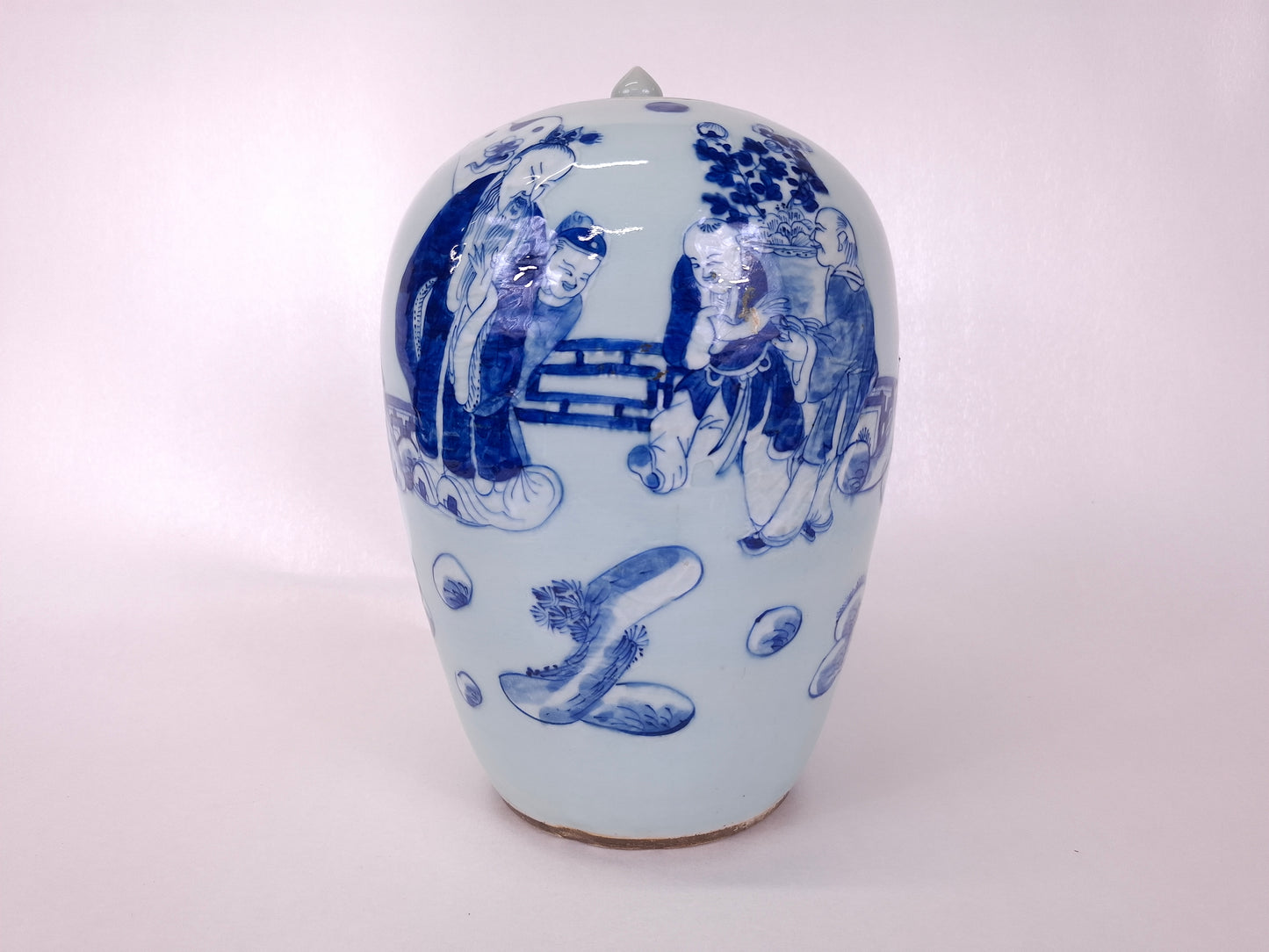 Antique 19th century Chinese handpainted celadon blue ginger jar with elder and children