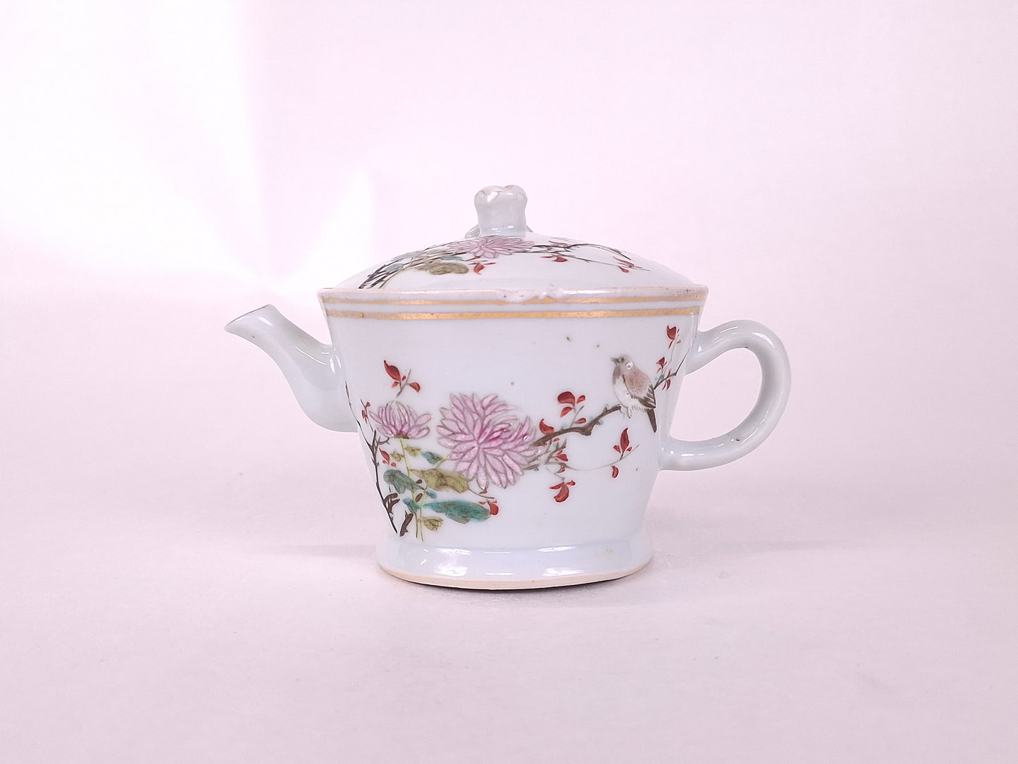 Antique Chinese handmade milk jug decorated with handpainted birds and flowers