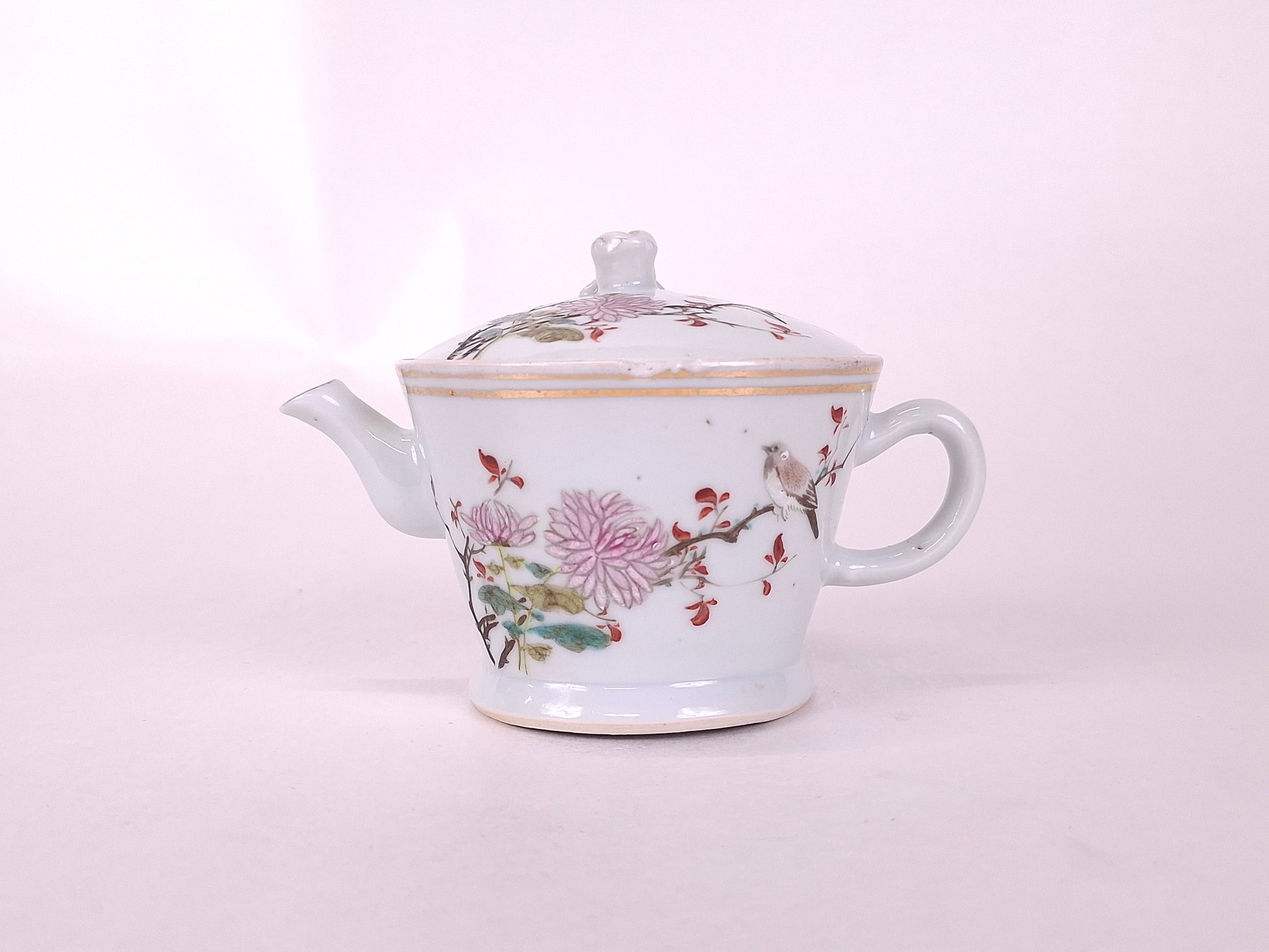 Antique Chinese handmade milk jug decorated with handpainted birds and flowers