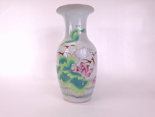 Antique Chinese handmade polychrome ROC vase with lotus and bird