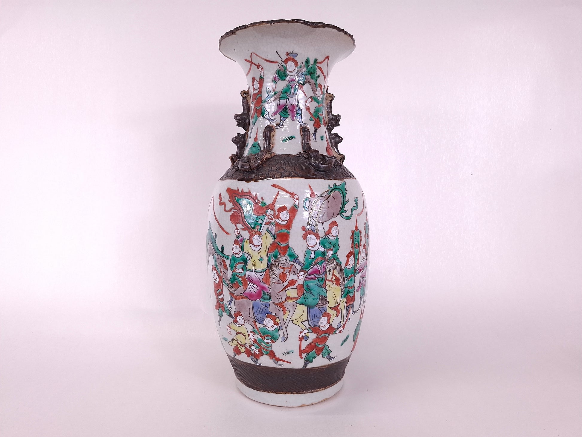 Antique 19th century handmade Chinese Nanking vase with warrior scenes