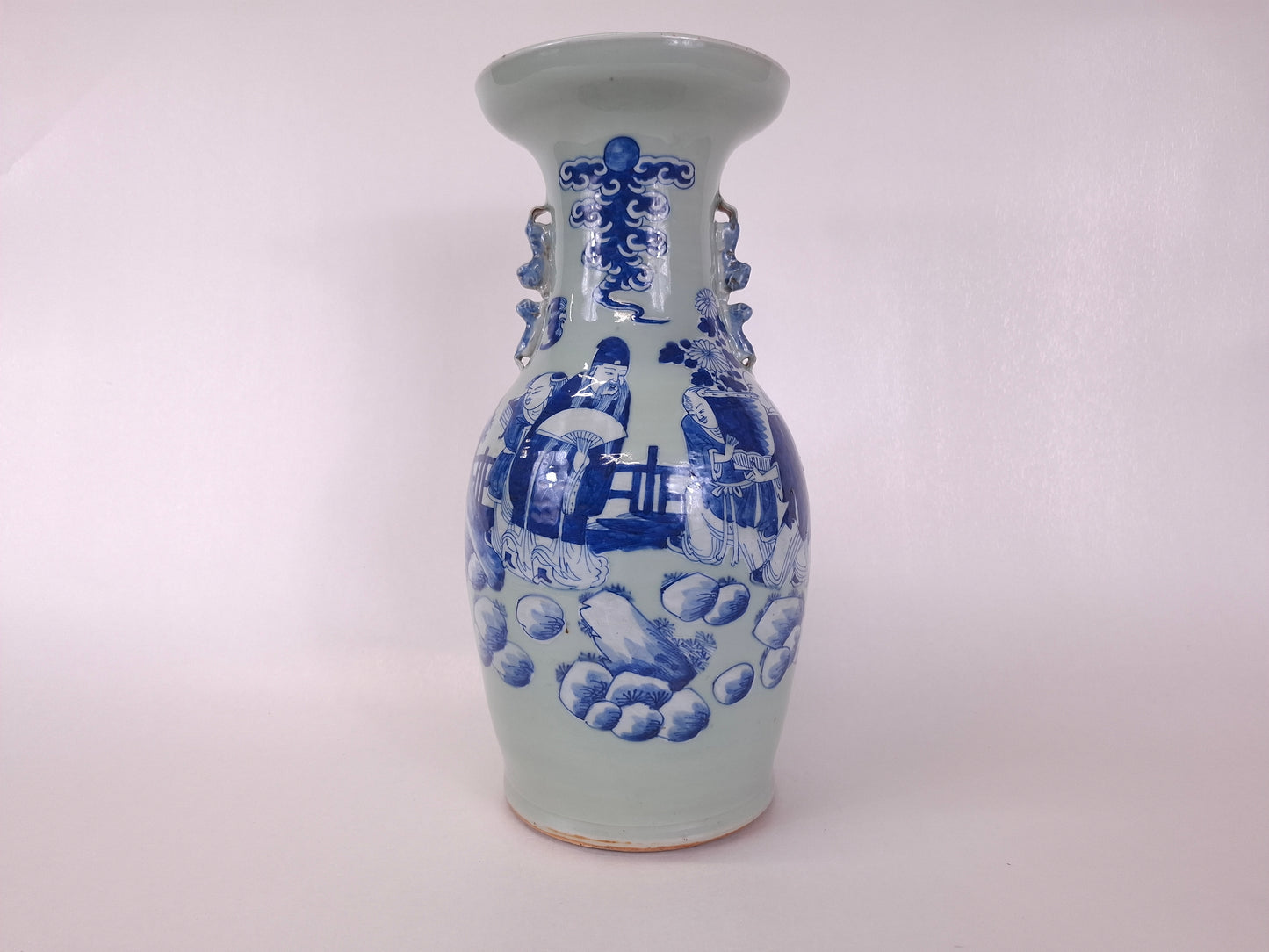 Antique Chinese hand painted celadon blue vase decorated with sage and children