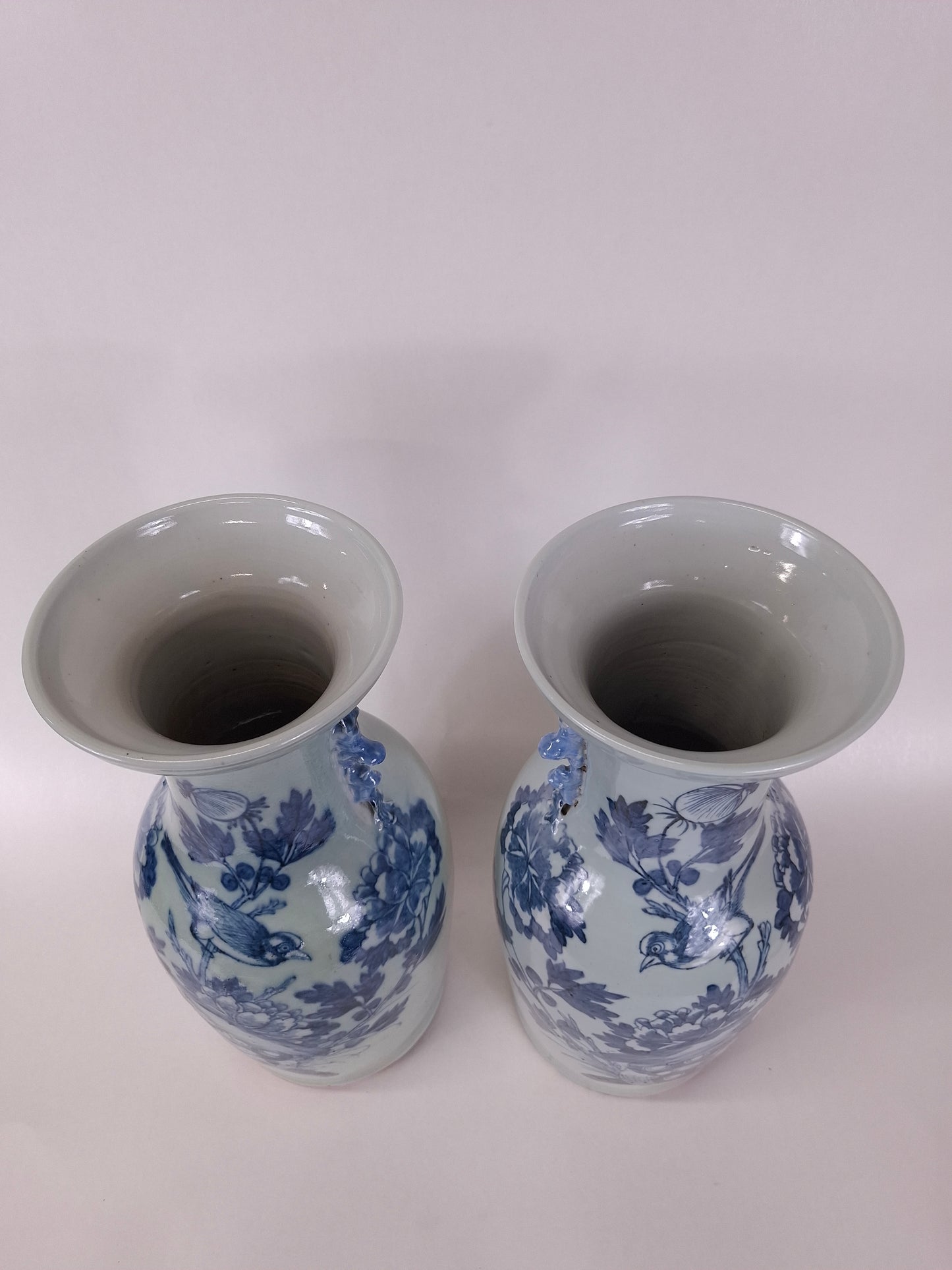 一套2个青釉古董花瓶，饰有鸟和花卉图案 // 清朝 - 19世纪
