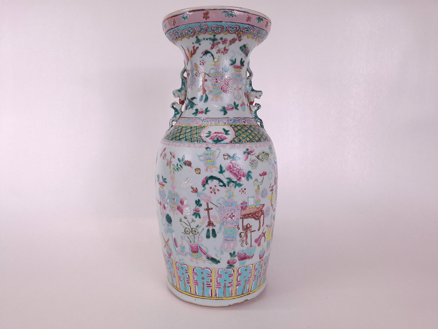19th century authentic Chinese famille rose vase decorated with antique treasures
