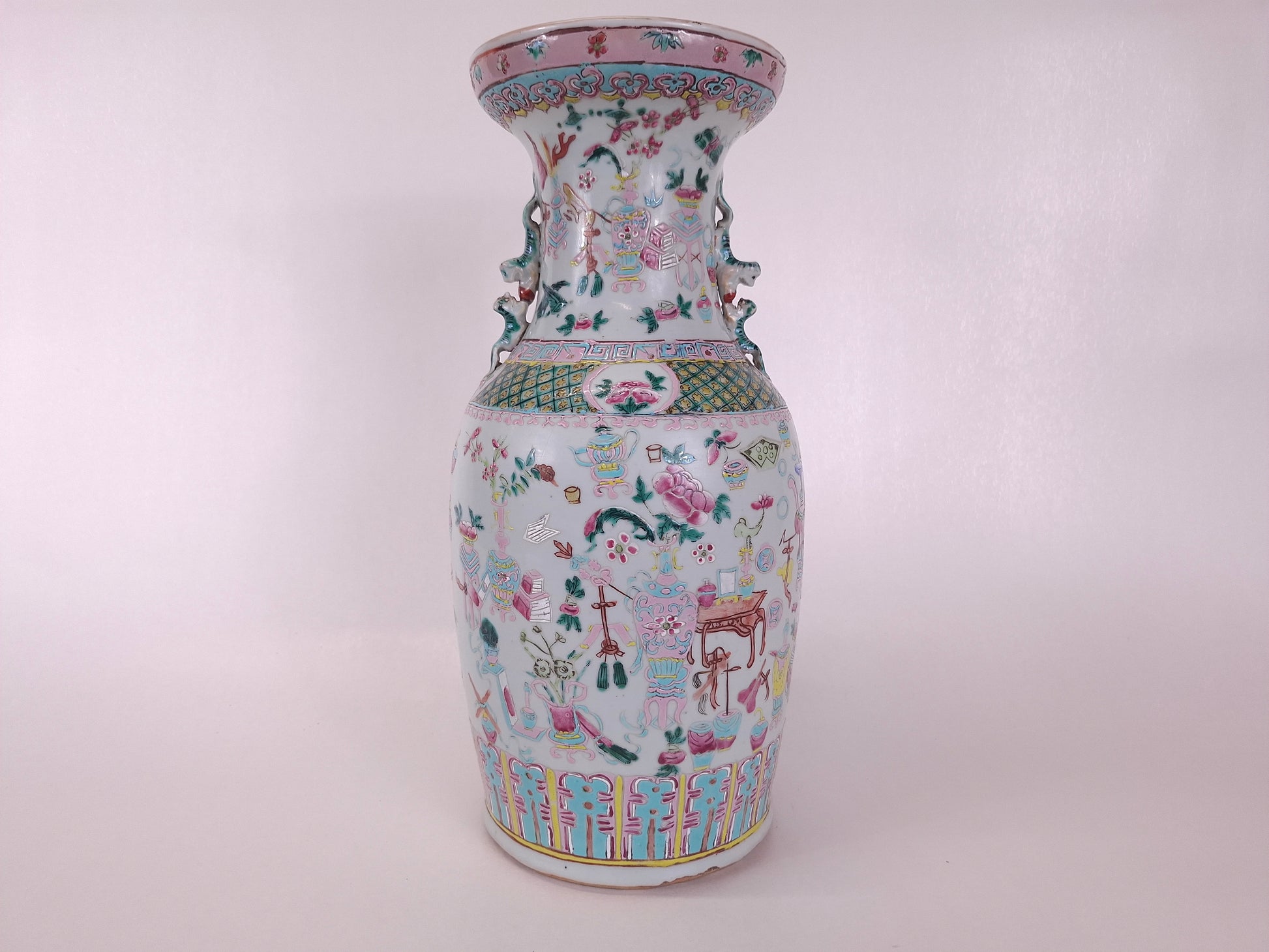 19th century authentic Chinese famille rose vase decorated with antique treasures
