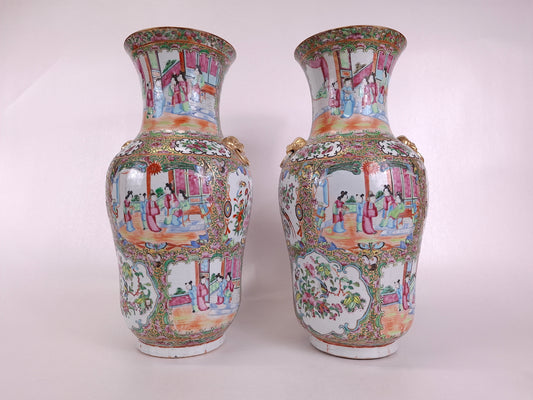 Large pair of authentic 19th century antique Chinese canton rose medallion vases