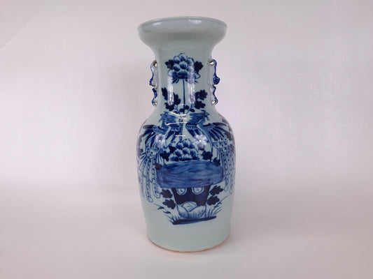 Antique 19th century Chinese celadon colored vase decorated with phoenix and flowers