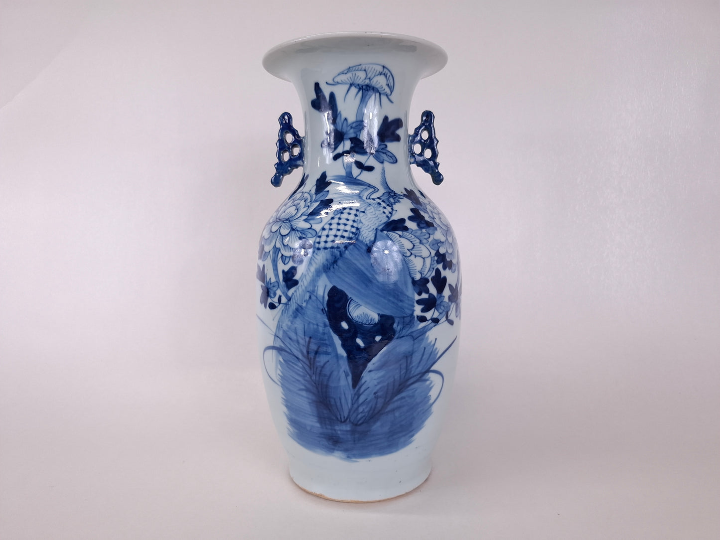 Antique chinese handmade 19th century blue and white vase depicting phoenixes 