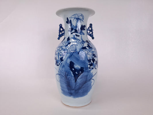 Antique chinese handmade 19th century blue and white vase depicting phoenixes 