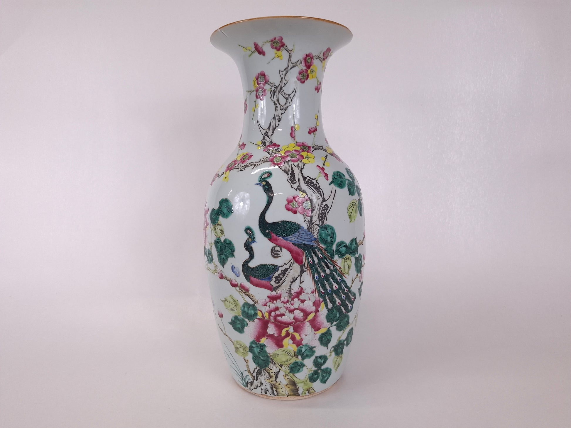 Authentic antique 19th century Chinese famille rose vase decorated with peacock and roses