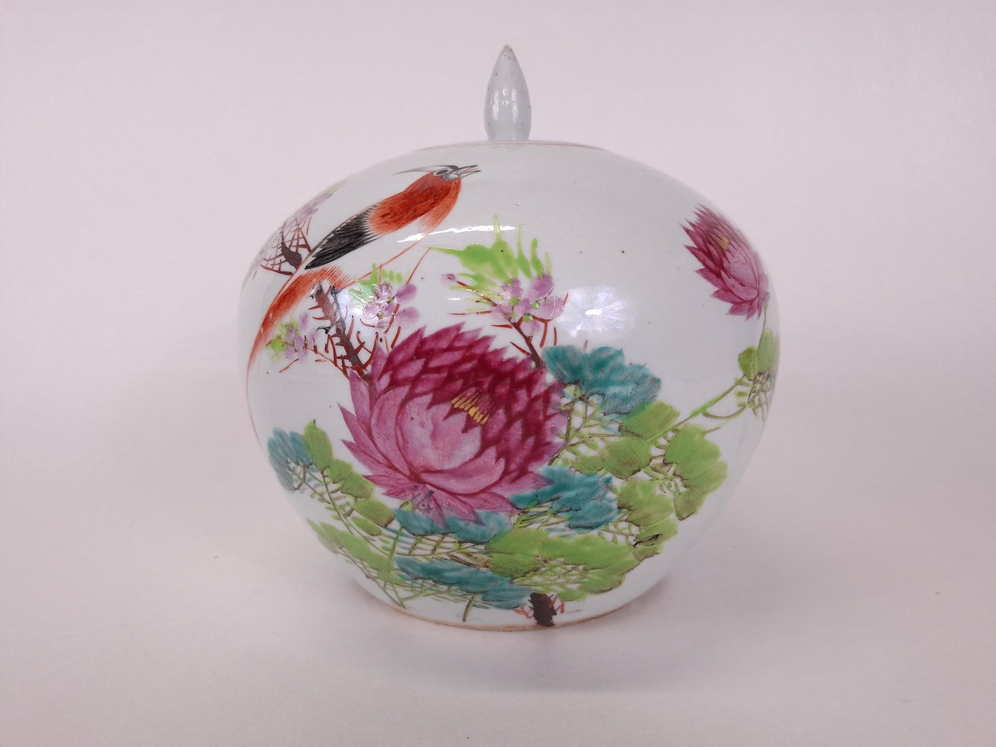 Ancien pot à gingembre chinois qianjiang cai décoré d'un oiseau et de fleurs // Dynastie Qing - 19e siècle