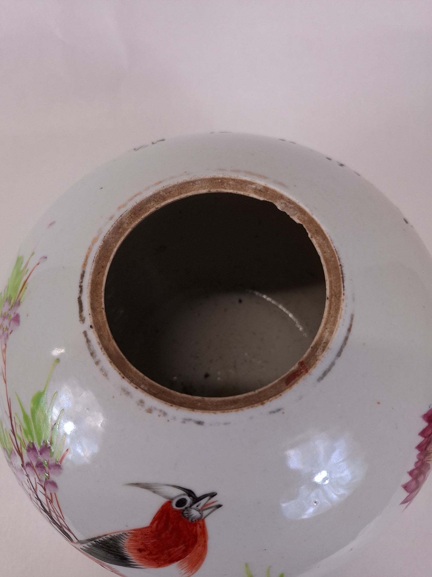 Ancien pot à gingembre chinois qianjiang cai décoré d'un oiseau et de fleurs // Dynastie Qing - 19e siècle