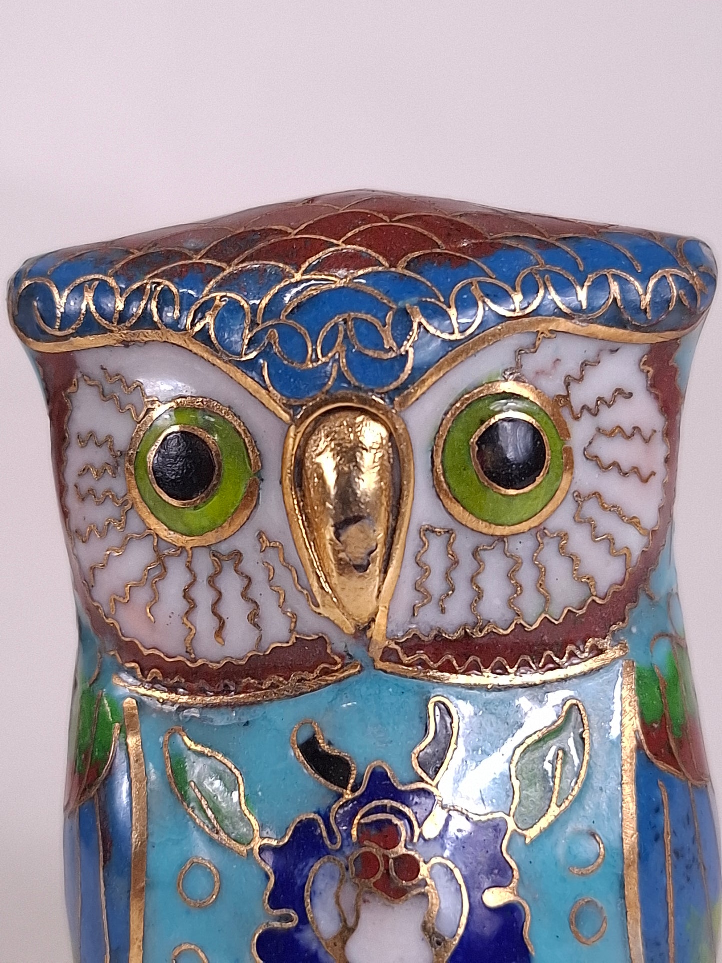 Vintage Chinese cloisonne statue of an owl // 20th century