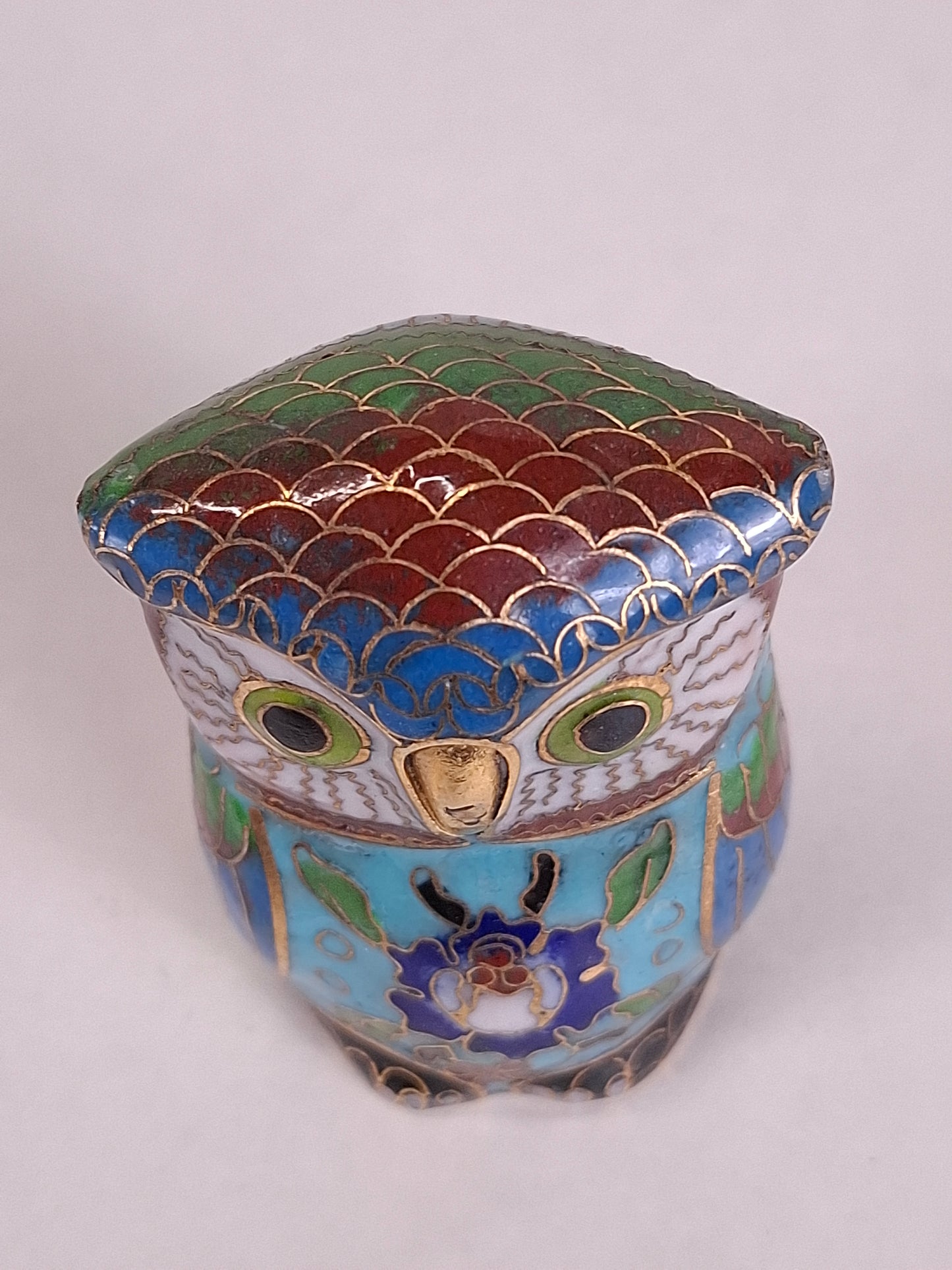 Vintage Chinese cloisonne statue of an owl // 20th century