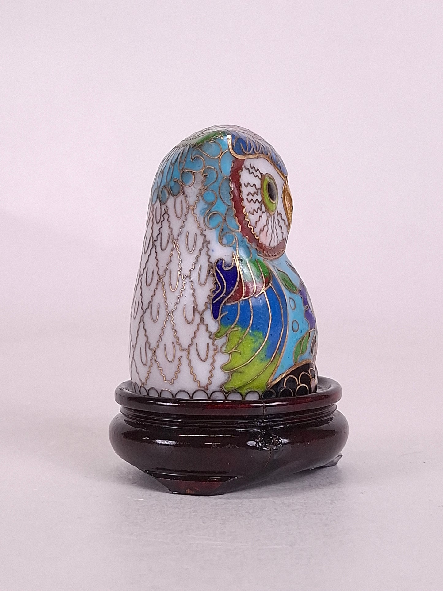 Vintage Chinese cloisonne statue of an owl // 20th century