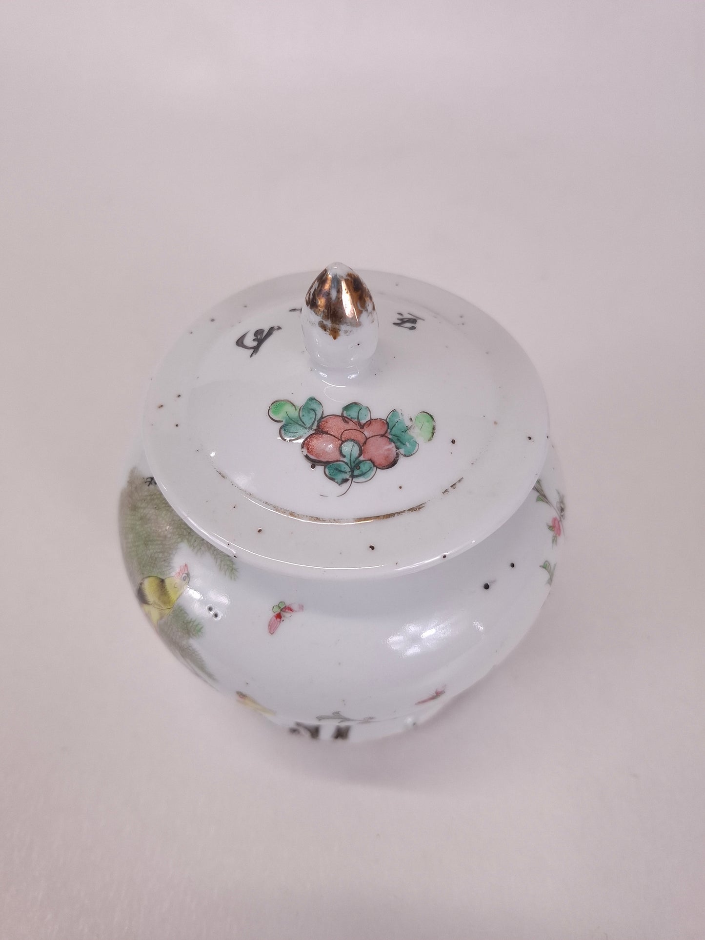 Antique Chinese lidded vase decorated with canaries in a tree // Republic period (1912-1949)