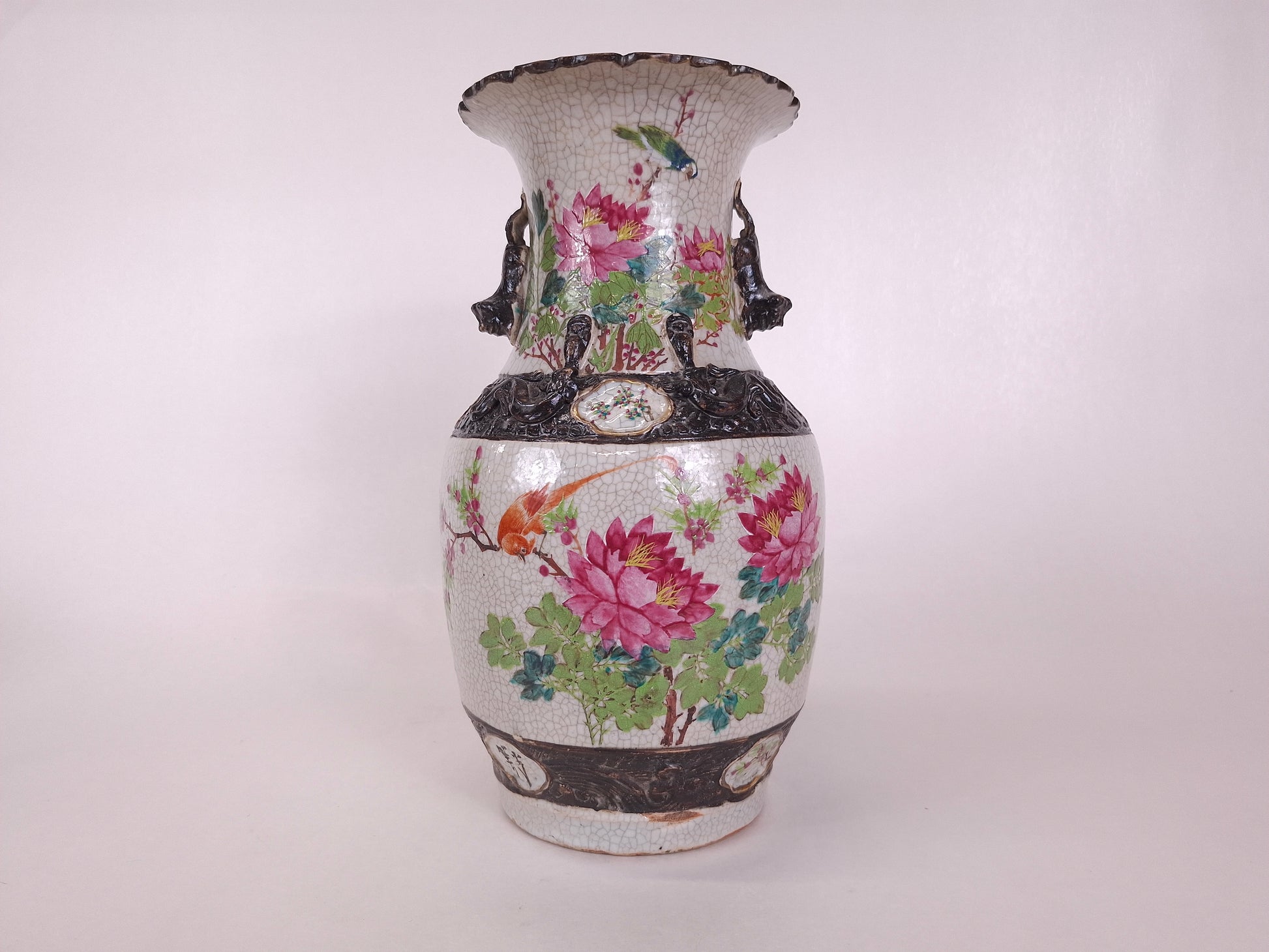 Rare antique 19th century Chinese Nanking vase decorated with qianjiang decor of peonies and birds