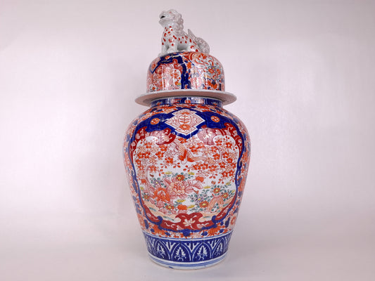 Large antique handmade 19th century Japanese imari lidded vase 