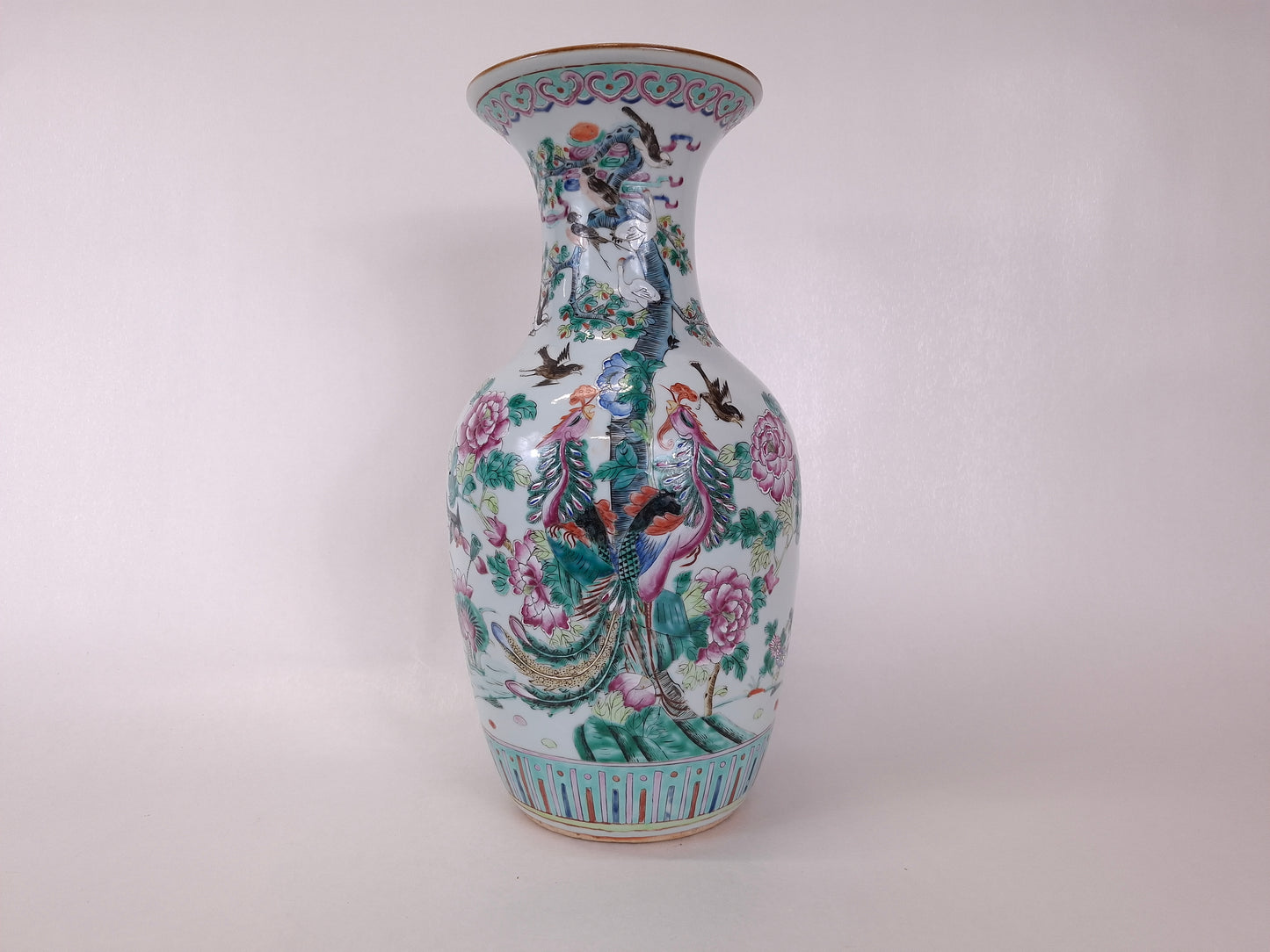 antique 19th century famille verte vase decorated with phoenixes and flowers