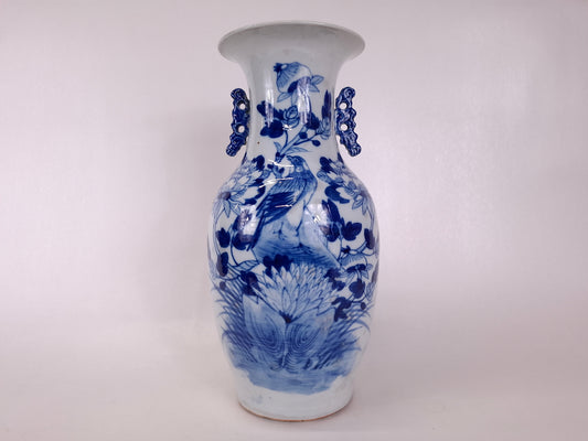 Antique Chinese vase decorated with bird and flowers // Blue and white - Qing Dynasty - 19th century