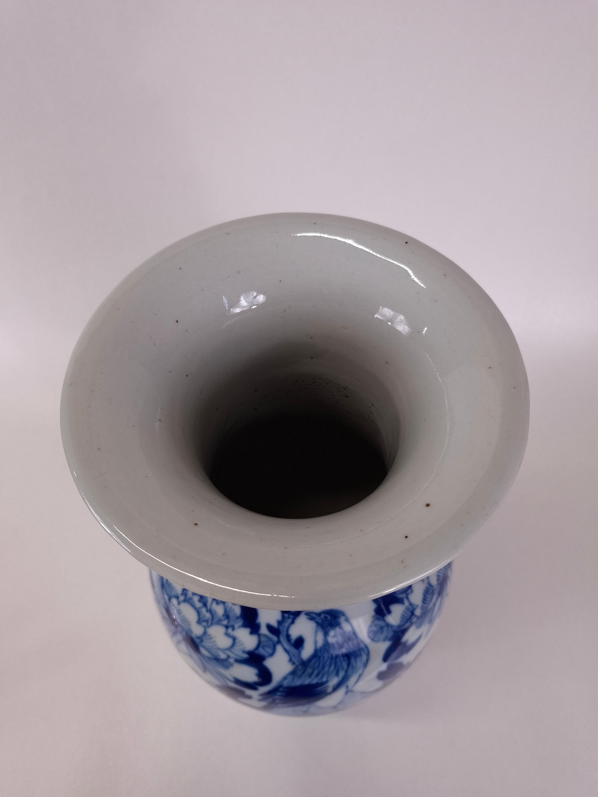 Vase chinois ancien décoré d'oiseaux et de fleurs // Bleu et blanc - Dynastie Qing - XIXe siècle