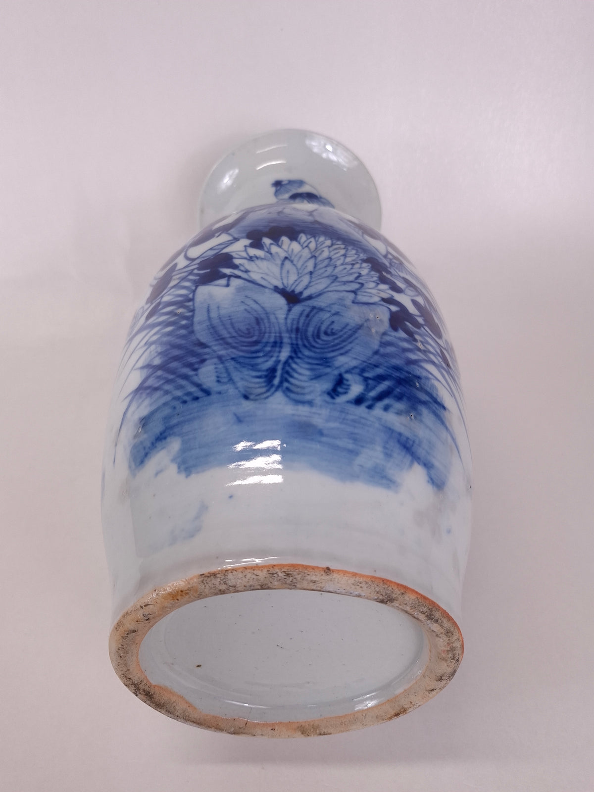 Vase chinois ancien décoré d'oiseaux et de fleurs // Bleu et blanc - Dynastie Qing - XIXe siècle