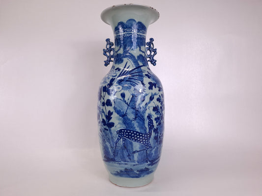 Large antique Chinese celadon vase decorated with crane and deer // Qing Dynasty - 19th century