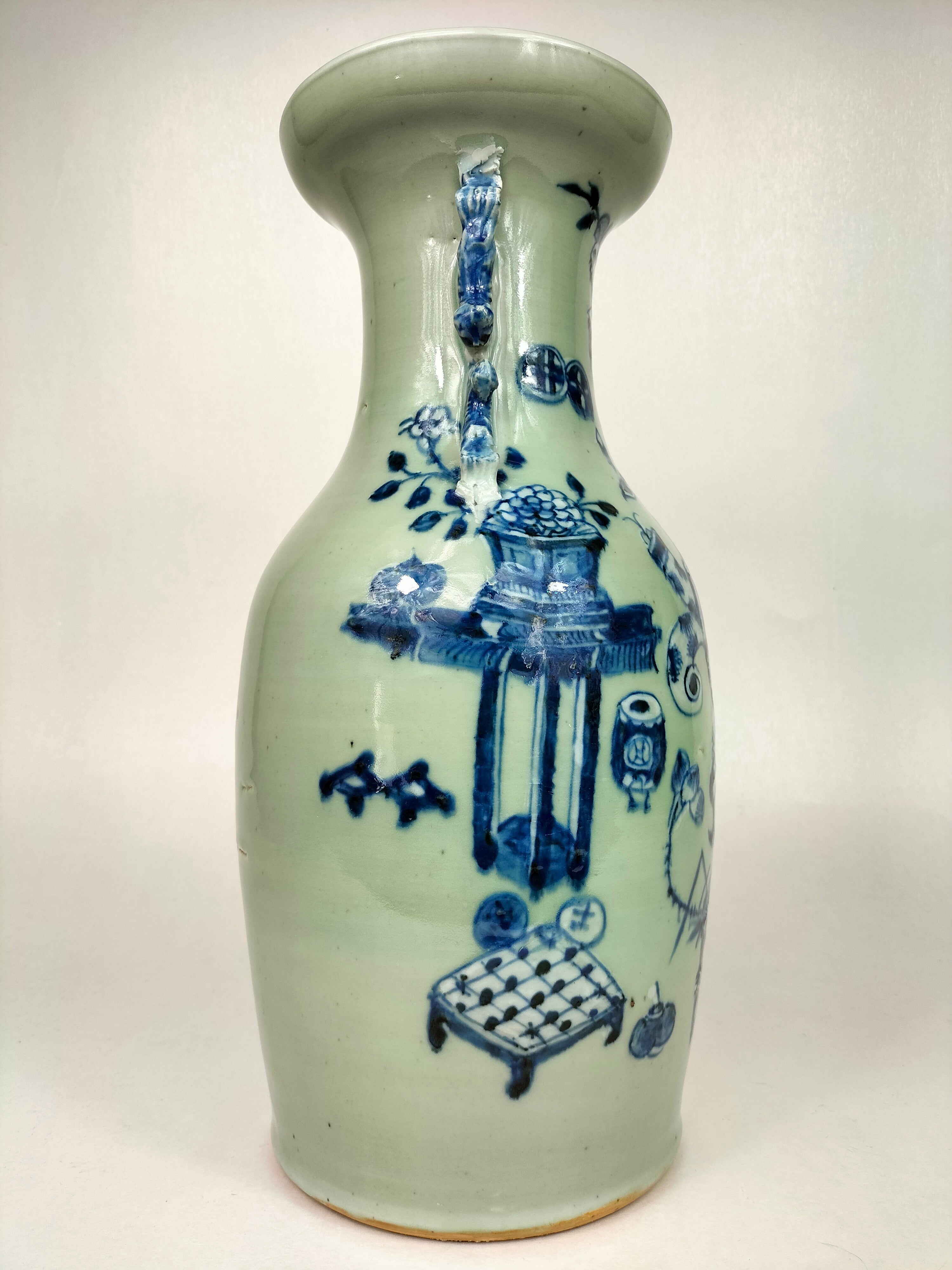 中国古玩 清朝期 古染付花鳥文花瓶 花入 古物保証 小傷有 高42cm（中国 