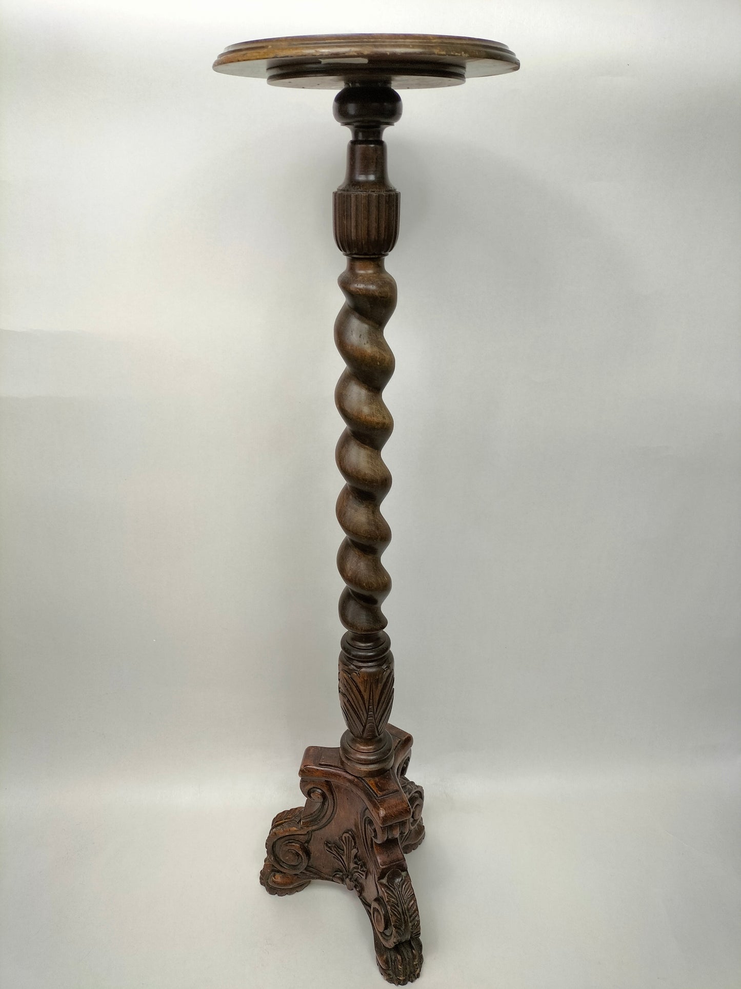 古董法国橡木大麦麻花植物架 // 柱 - 19 世纪
