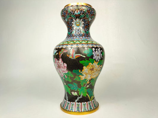 Large vintage Chinese cloisonne vase with birds and flowers