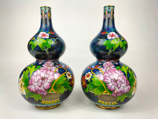 Pair of Chinese double gourd cloisonne vases with flowers 