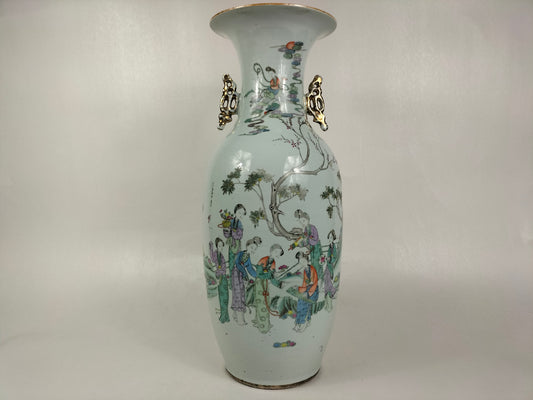 Large antique ROC Chinese polycrhome qianjiang vase with ladies in a garden scene 