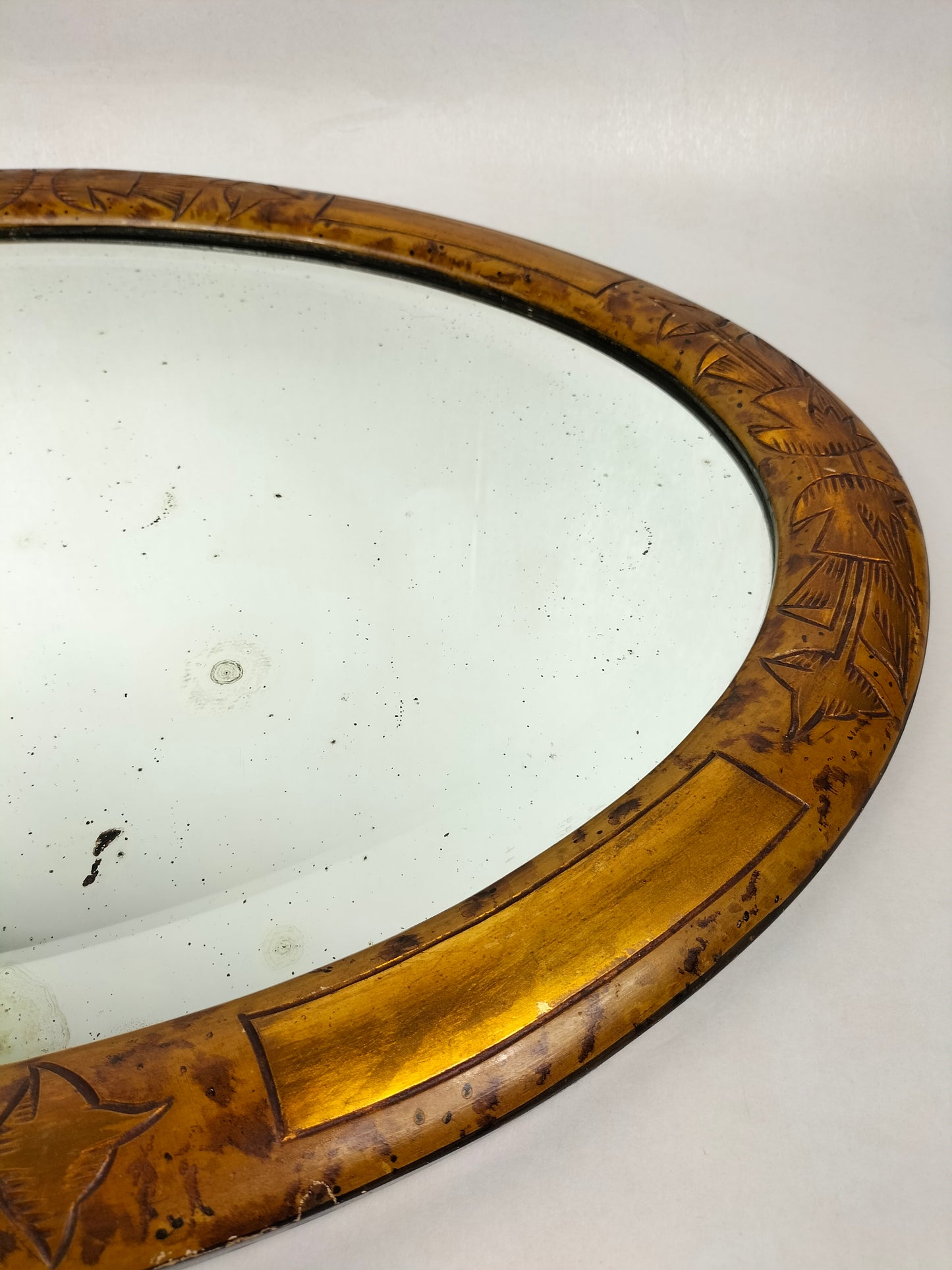 French oval art deco mirror with stylized wood carving // 1930-1950