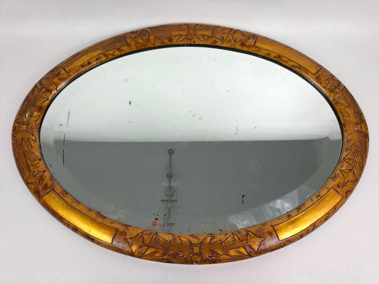 مرآة آرت ديكو بيضاوية فرنسية مع نحت خشبي منمق // 1930-1950