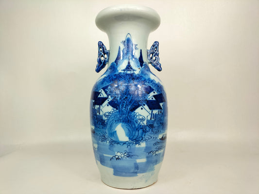 Antique Chinese 19th century Qing blue white vase decorated with a landscape