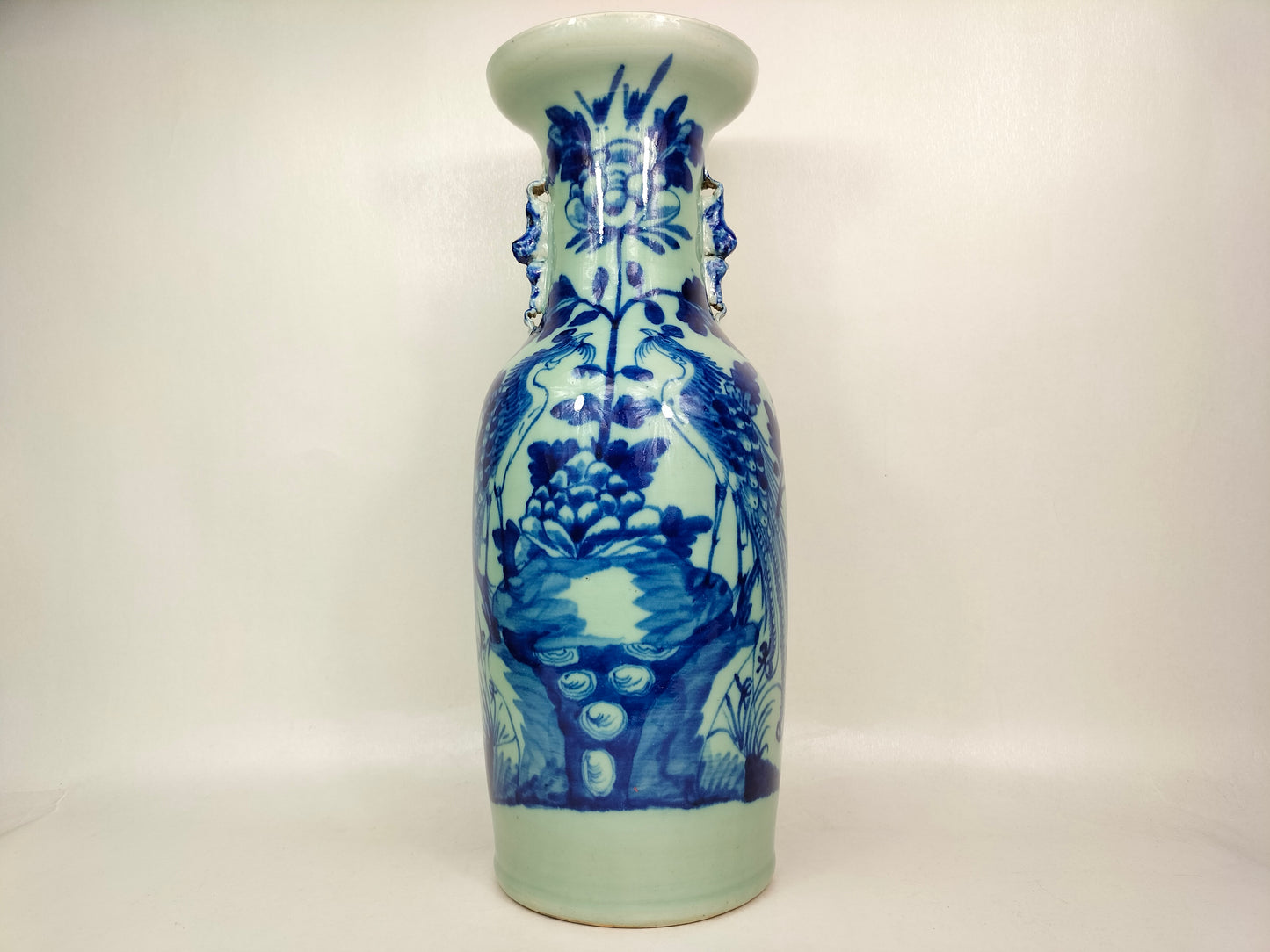 Large antique Chinese 19th century Qing Dynasty celadon blue vase with birds and flowers