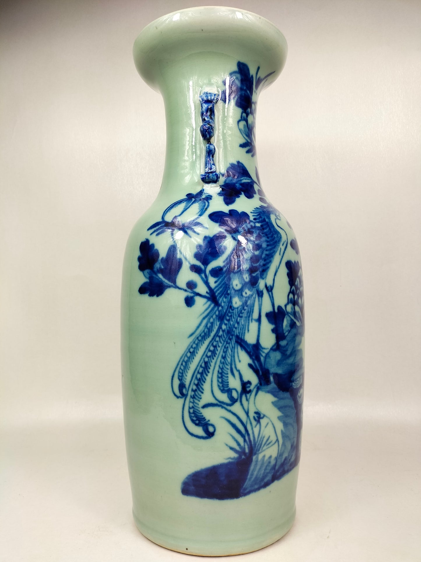 Large antique Chinese celadon colored vase decorated with birds and flowers // Qing Dynasty - 19th century