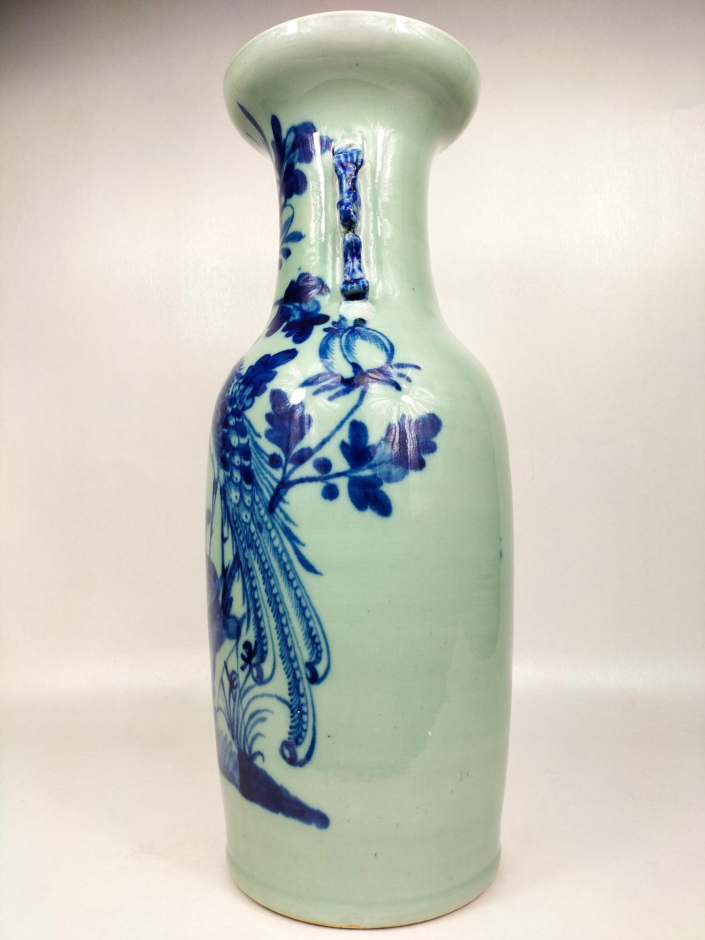 Grand vase chinois antique couleur céladon à décor d'oiseaux et de fleurs // Dynastie Qing - 19ème siècle