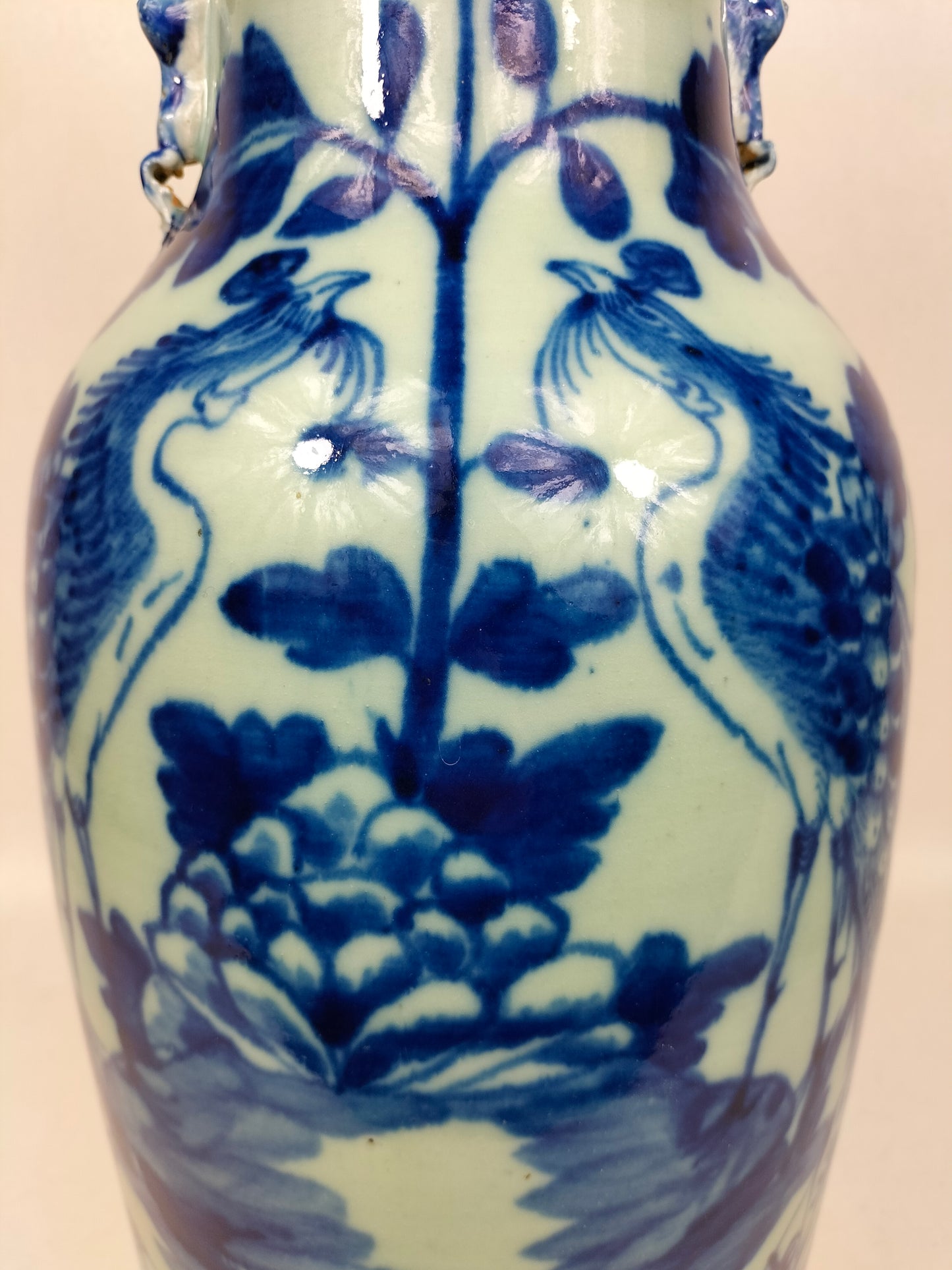 Grand vase chinois antique couleur céladon à décor d'oiseaux et de fleurs // Dynastie Qing - 19ème siècle