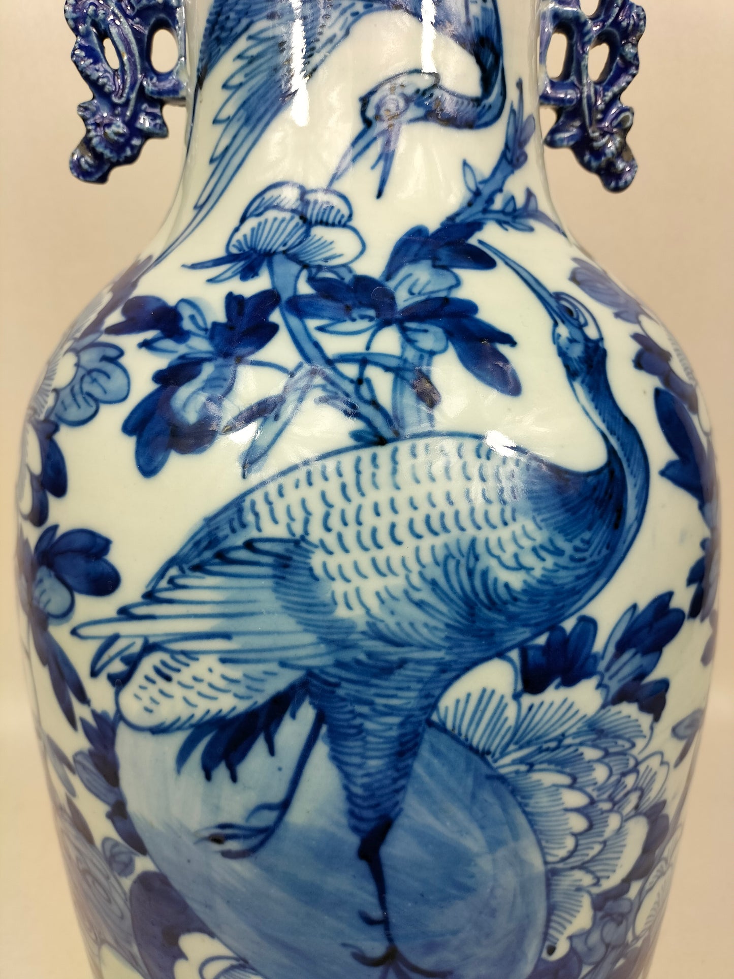 Large antique Chinese vase with cranes and flowers // Blue and white - Qing Dynasty - 19th century
